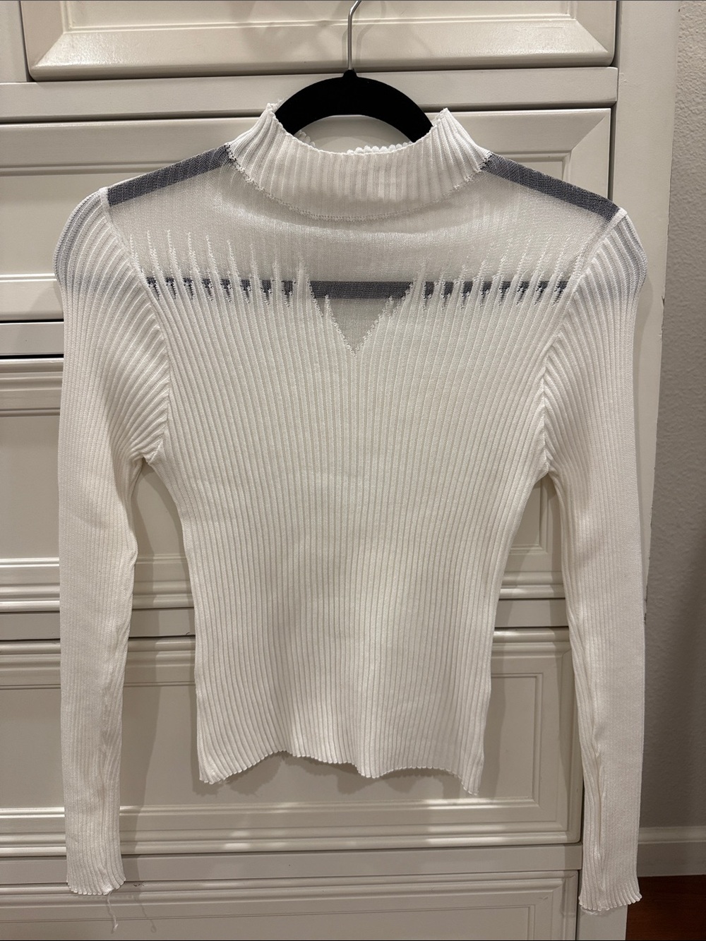 Women’s White Ribbed Mock Neck Long Sleeve Top with Sheer Yoke